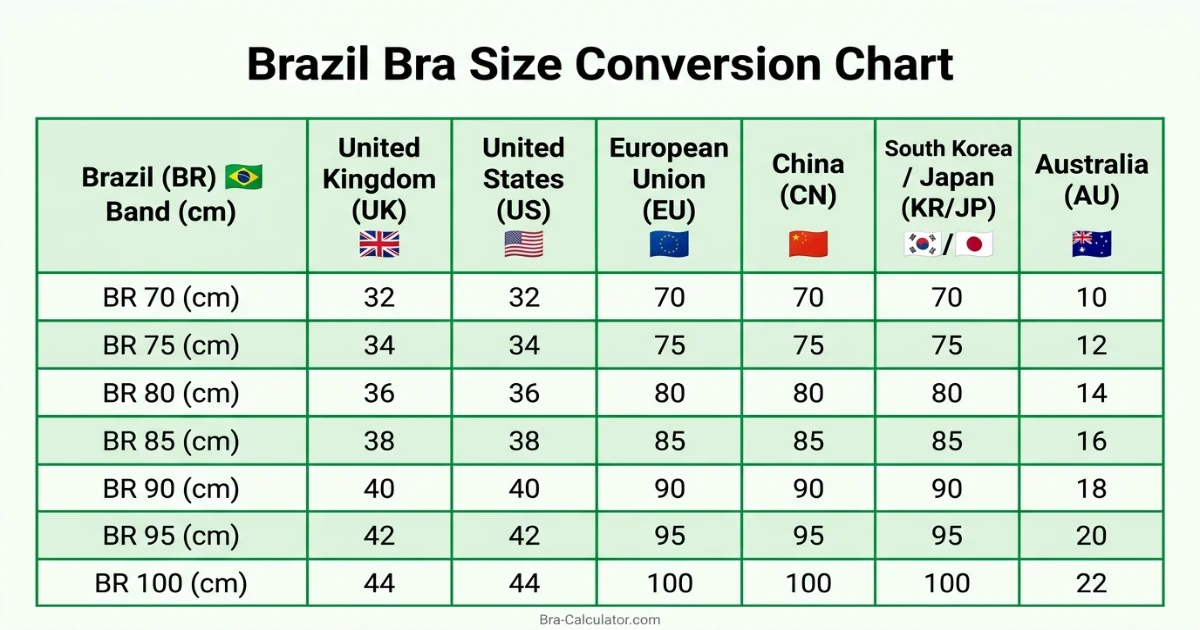 Brazil bra size conversion chart comparing BR numbered cups with UK US EU CN KR AU bra sizing systems in a visual table format