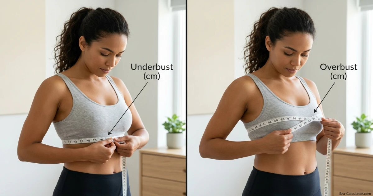 Brazil bra size measurement guide showing underbust and overbust measurement with tape in centimetres for accurate Brazilian bra fitting