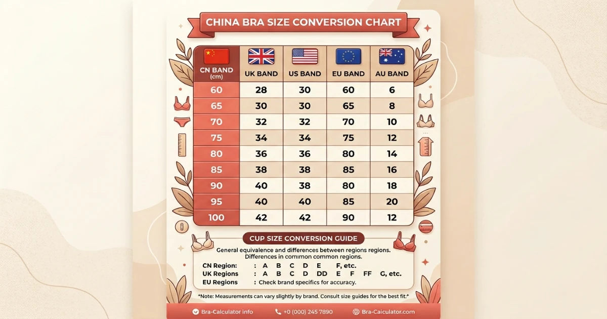 China bra size conversion chart comparing CN cm bands with UK US EU and AU bra sizing systems in a visual table format