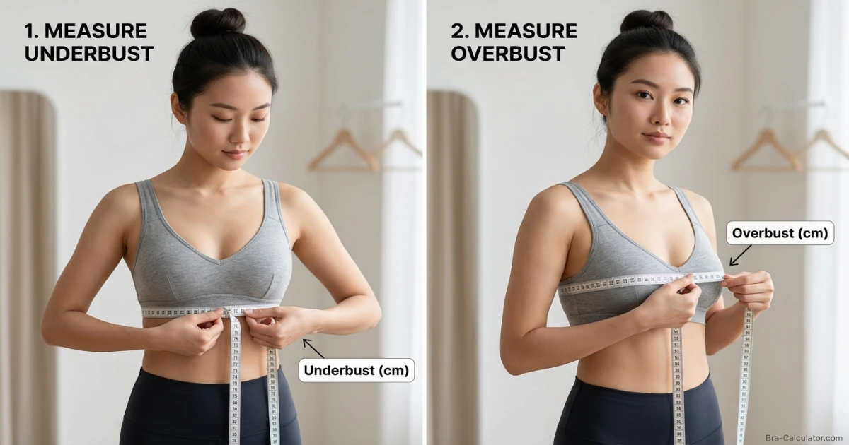China bra size measurement guide showing underbust and overbust measurement with tape in centimetres for accurate Chinese bra fitting