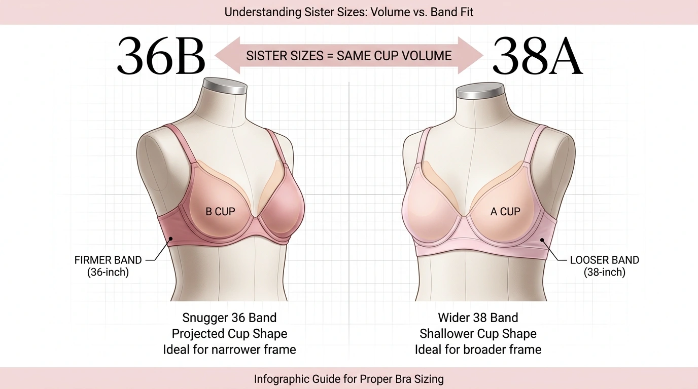 Side-by-side diagram of 36B and 38A bra sizes showing equal cup volume with different band widths — confirming they are sister sizes