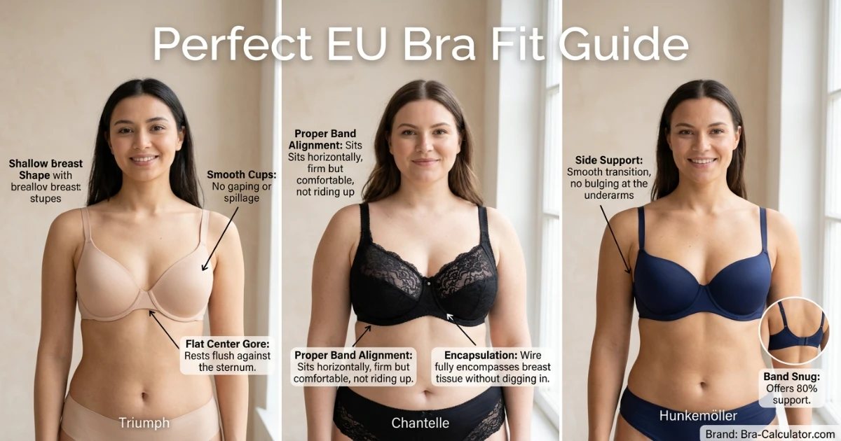 Different breast shapes and bra fitting examples showing correct EU bra size support across Triumph Chantelle and Hunkemöller styles