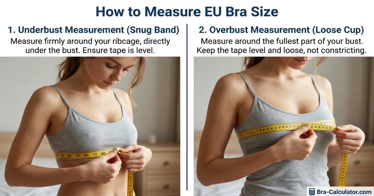 EU bra size measurement guide showing underbust and overbust measurement with tape in centimetres for accurate European bra fitting