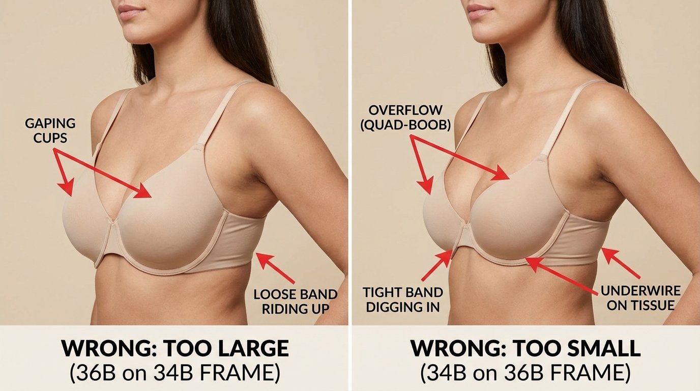 Illustration showing fit problems: a 34B wearer in a 36B experiencing gaping cups and loose band versus a 36B wearer in a 34B experiencing cup overflow and tight band