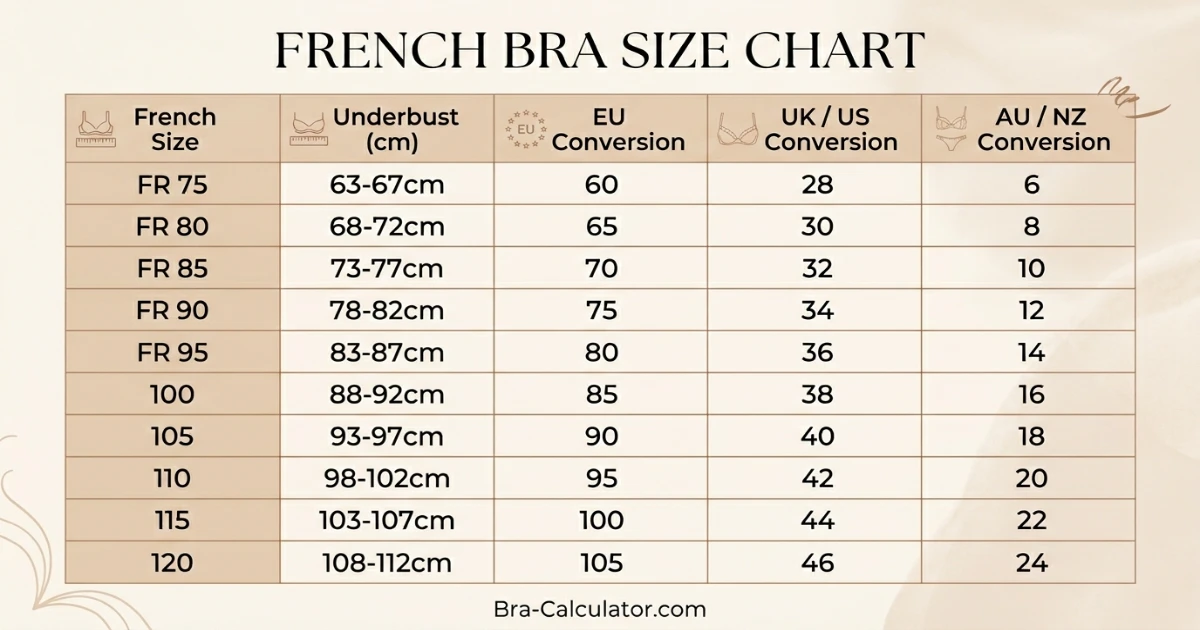 France bra size conversion chart comparing FR bands with EU UK US and AU bra sizing systems in a visual table format