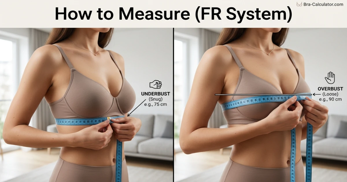 France bra size measurement guide showing underbust and overbust measurement with tape in centimetres for accurate French bra fitting