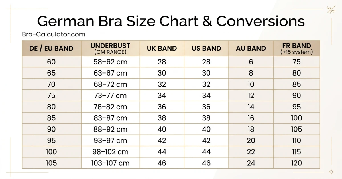 Germany bra size conversion chart comparing German EU bands with UK US AU and FR bra sizing systems