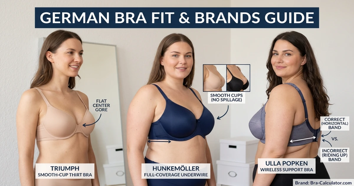 Different bra styles showing correct German EU bra size fitting across Triumph Hunkemöller and Ulla Popken brands