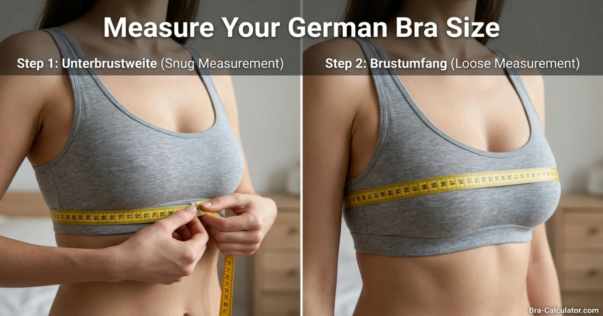 Germany bra size measurement guide showing underbust and overbust measurement with tape in centimetres for accurate German EU bra fitting