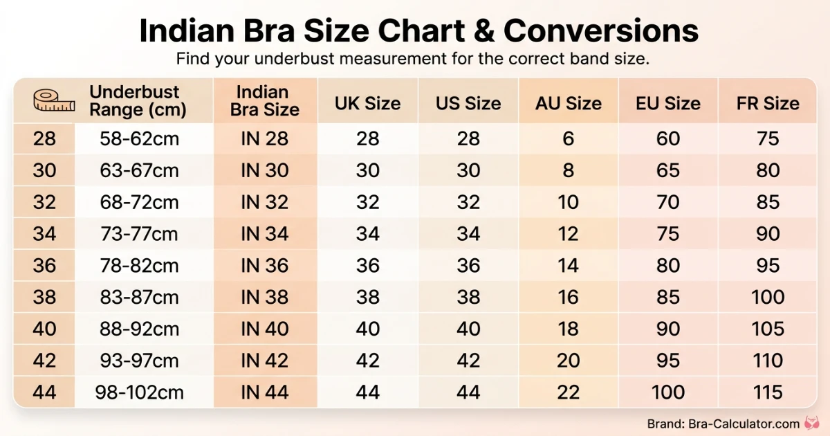 India bra size conversion chart comparing Indian UK US and EU bra sizing systems in a visual table format