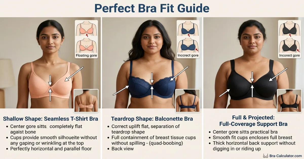 Different breast shapes and bra fitting examples showing correct Indian bra size support across Zivame Clovia and Enamor styles