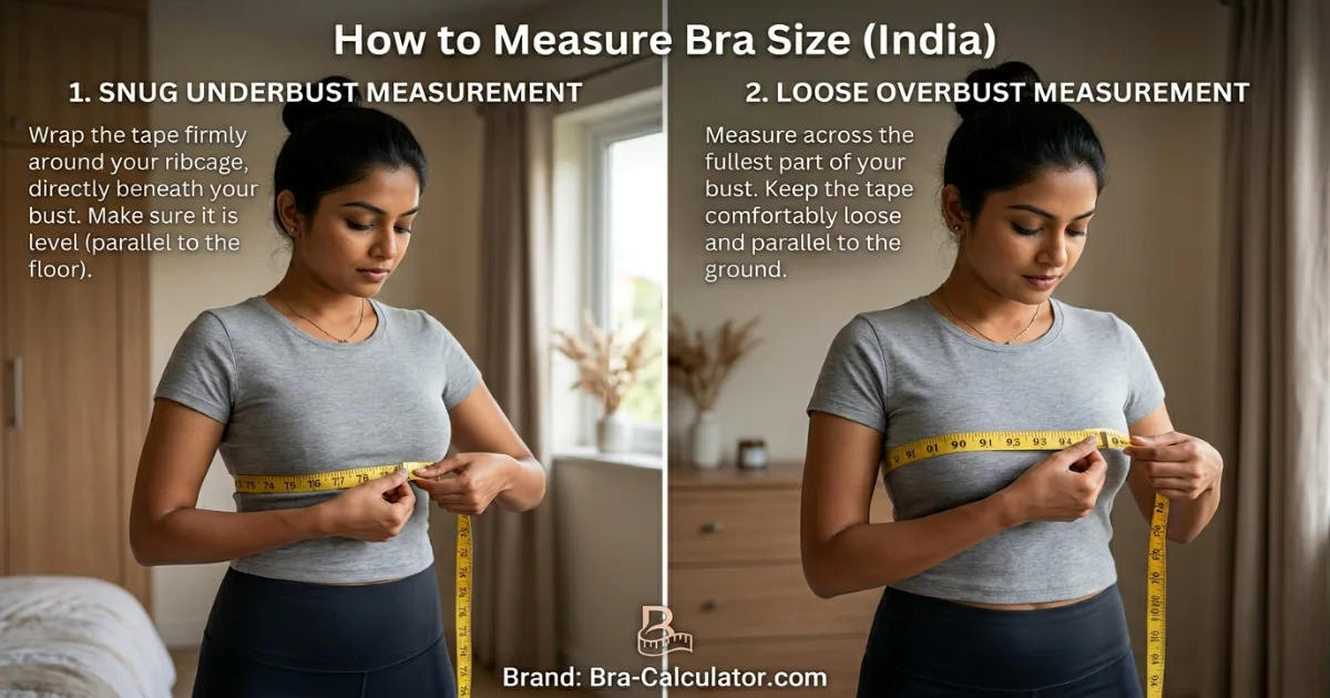 India bra size measurement guide showing underbust and overbust measurement with tape for accurate Indian bra fitting in inches and centimetres