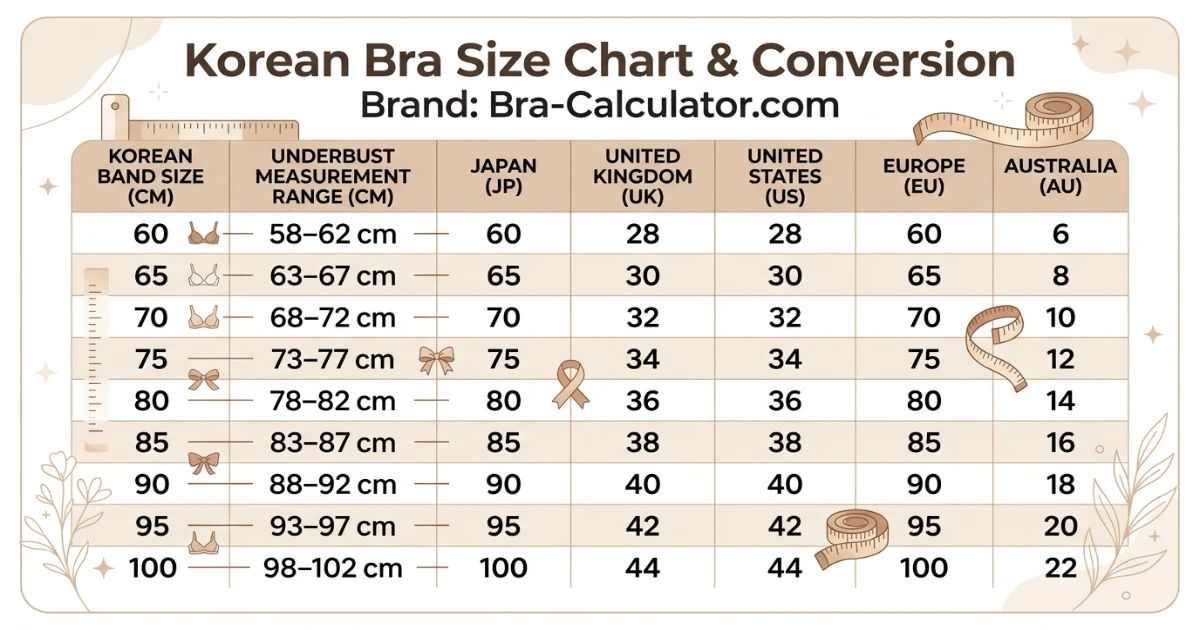 Korea bra size conversion chart comparing KR cm bands with JP UK US and EU bra sizing systems in a visual table format