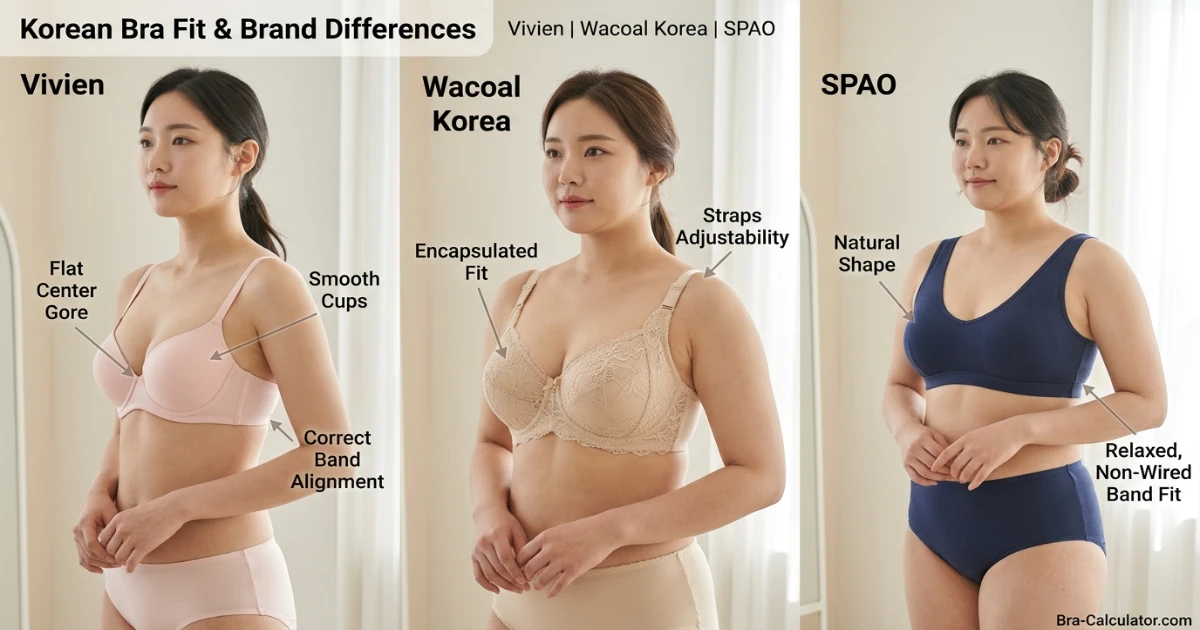 Korean bra styles from Vivien Wacoal Korea and K-fashion brands showing correct Korean bra sizing and cup fitting