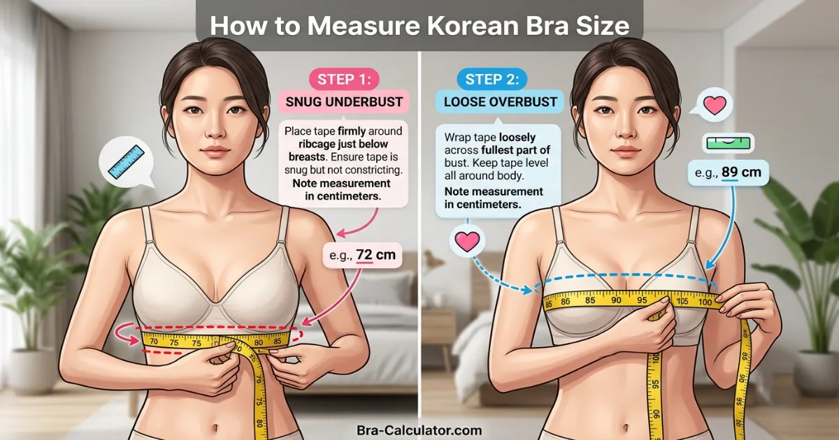 Korea bra size measurement guide showing underbust and overbust measurement with tape in centimetres for accurate Korean bra fitting