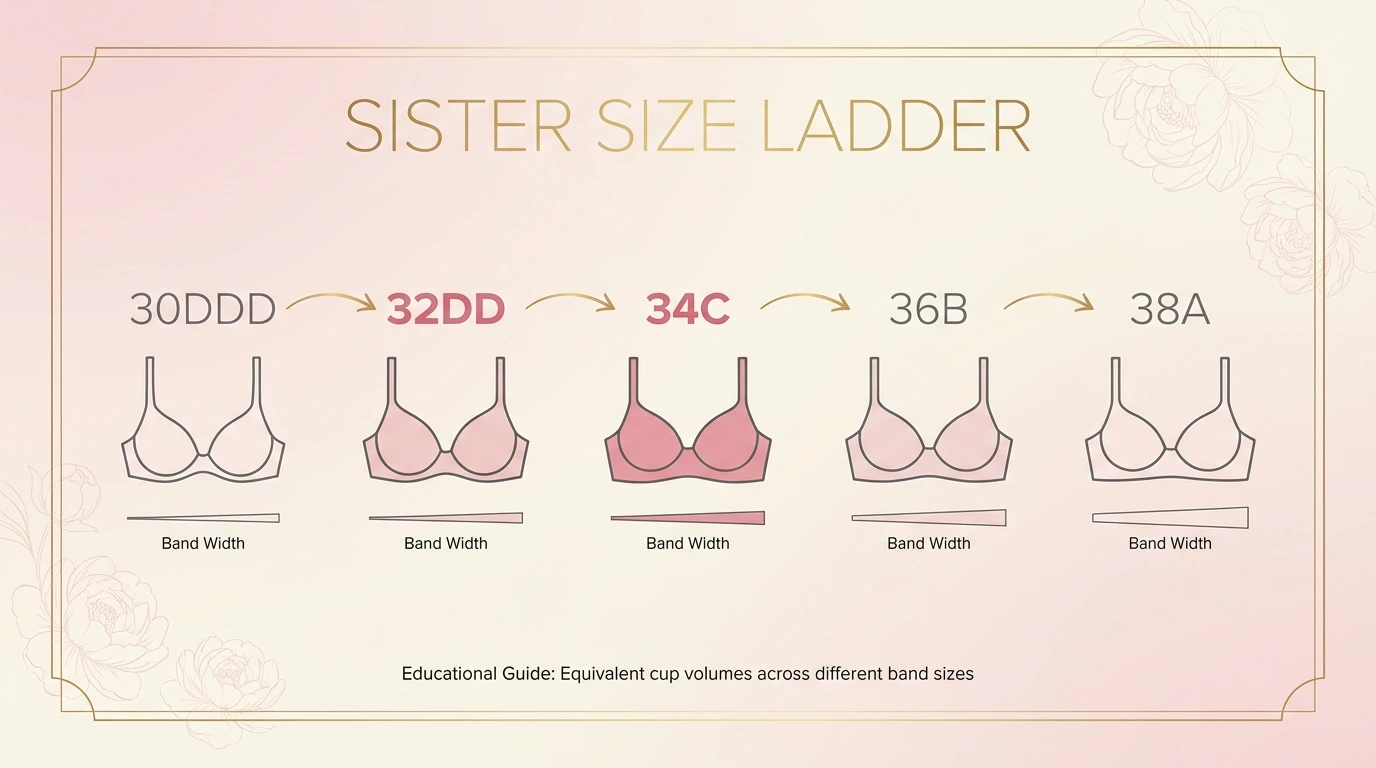 Sister size ladder infographic showing 30DDD, 32DD, 34C, 36B and 38A all holding equal cup volume — 34C and 32DD confirmed as sister sizes