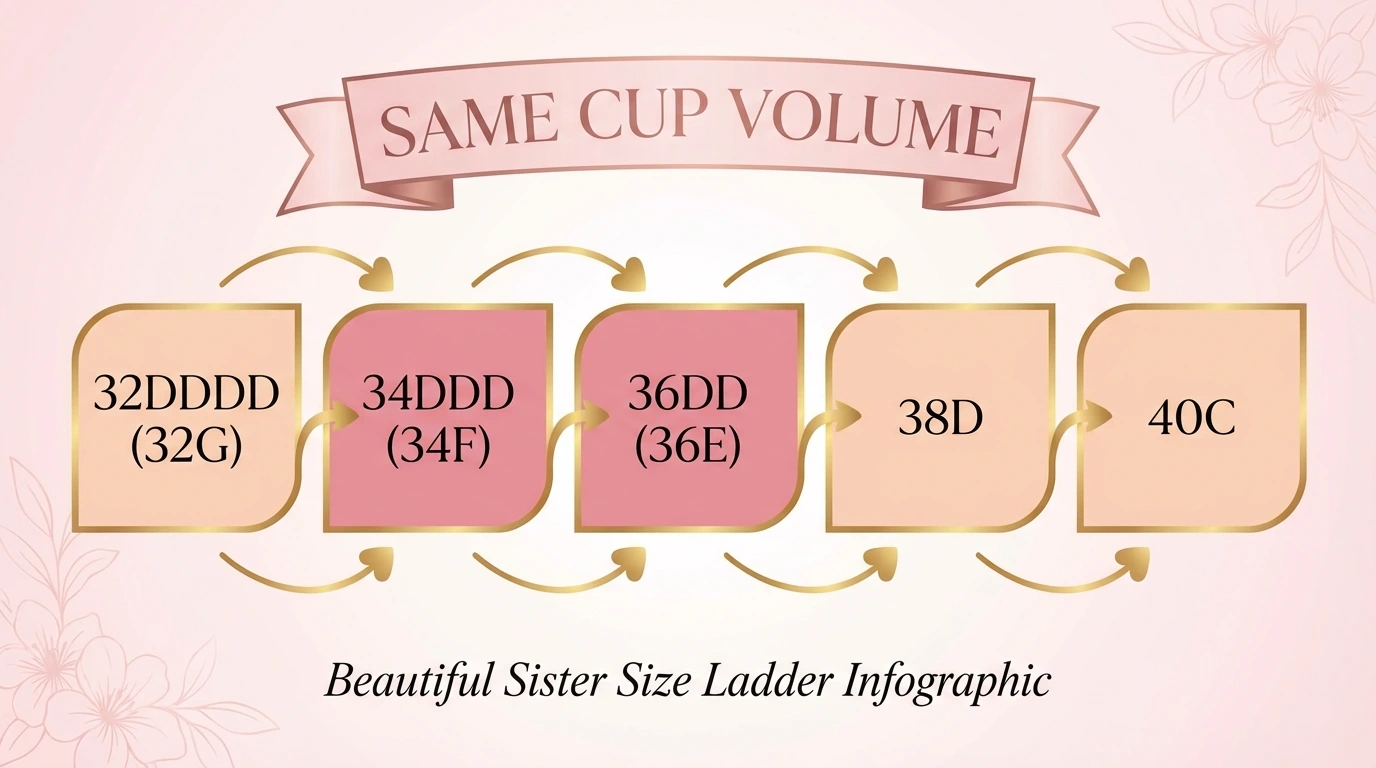Sister size ladder infographic showing 32DDDD (32G), 34DDD (34F), 36DD (36E), 38D and 40C holding equal cup volume — 34DDD and 36DD confirmed as sister sizes