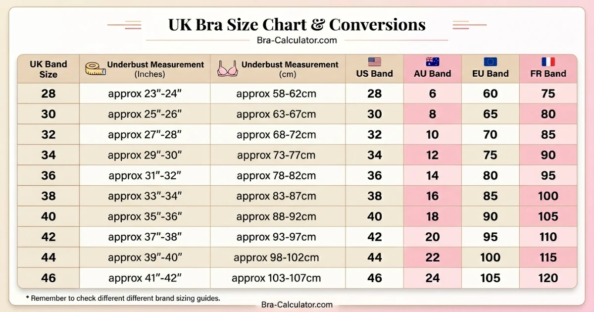UK bra size conversion chart comparing UK US AU and EU bra sizing systems in a visual table format