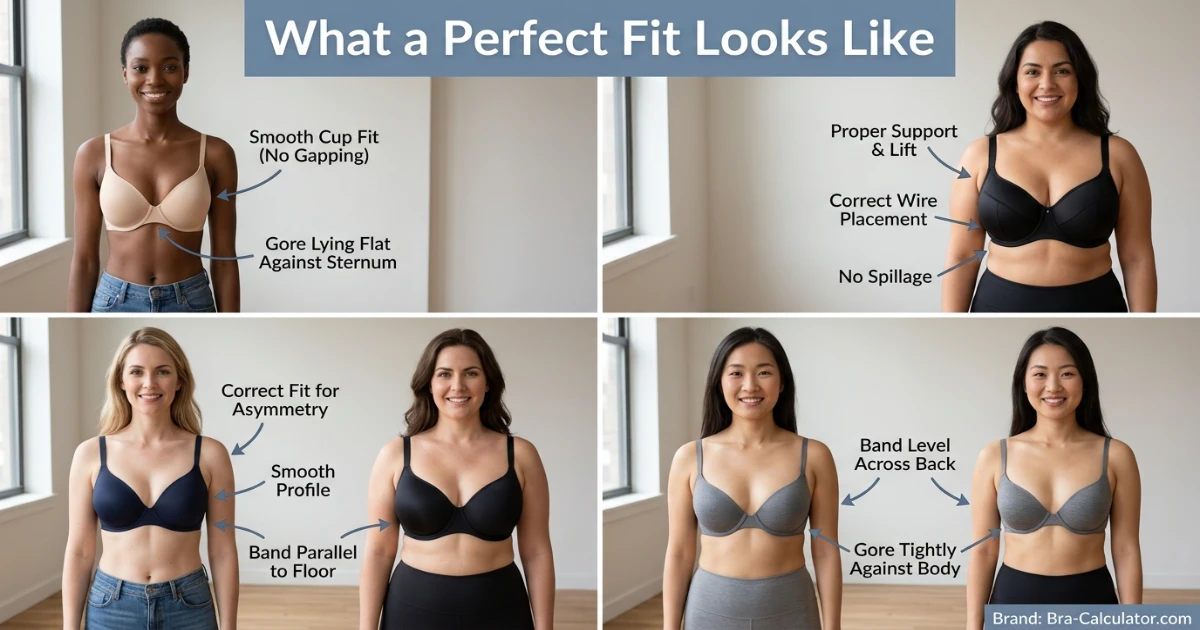Different breast shapes and bra fitting examples showing correct support and UK bra sizing differences across major brands