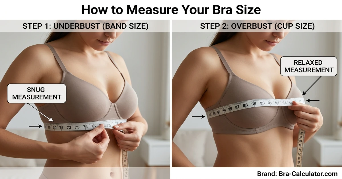 UK bra size measurement guide showing underbust and overbust measurement with tape for accurate UK bra fitting