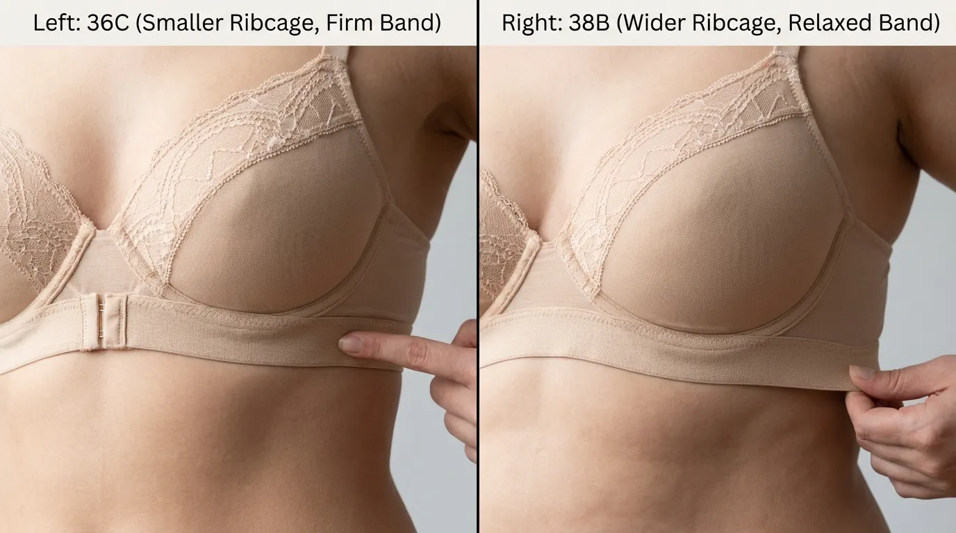 Illustration showing 36C fitting correctly on a smaller ribcage with firmer band and 38B fitting correctly on a wider ribcage — same cup volume, different band performance