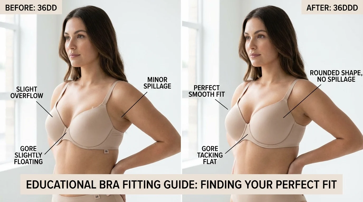 Fit difference illustration for 36DD and 36DDD showing same band with fuller cup in 36DDD