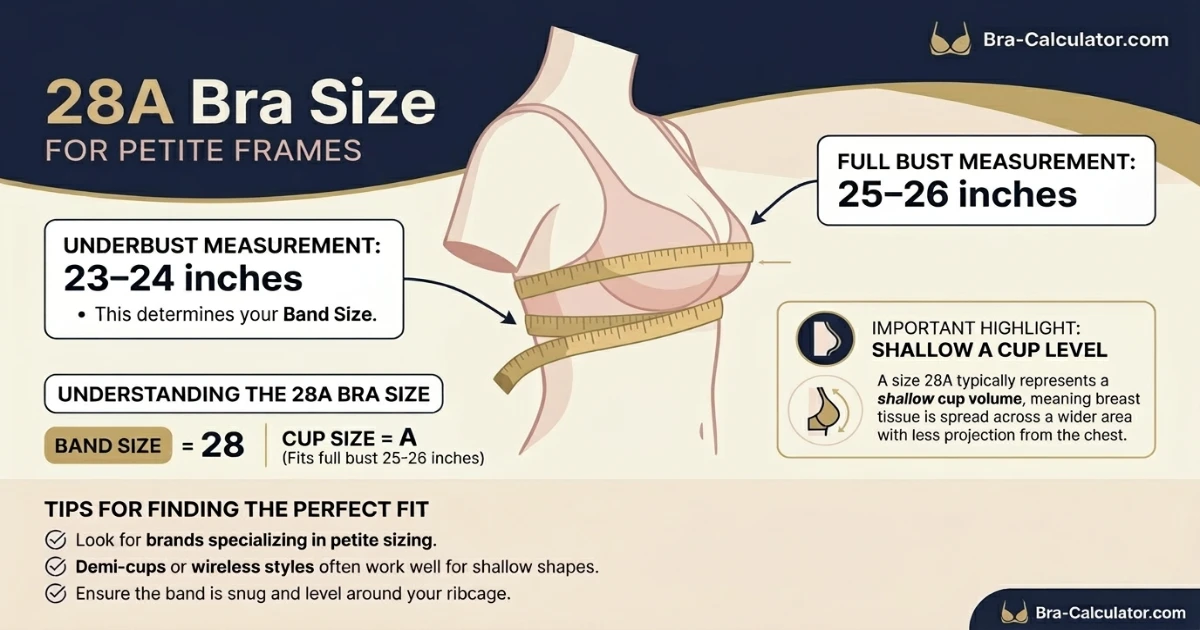 28A bra size measurement infographic showing 23 to 24 inch underbust and 25 to 26 inch full bust with shallow A cup level