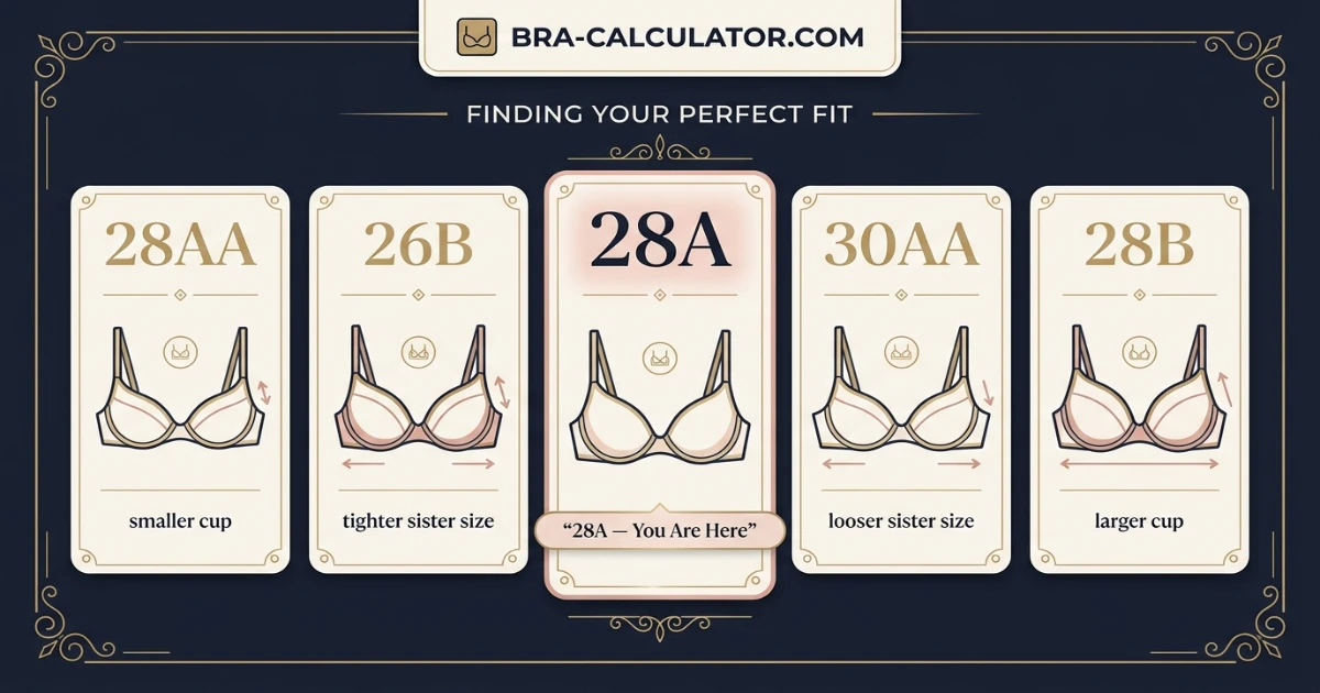 28A bra size visual comparison showing 28AA 28A 28B 26B and 30AA with cup depth and band fit notes