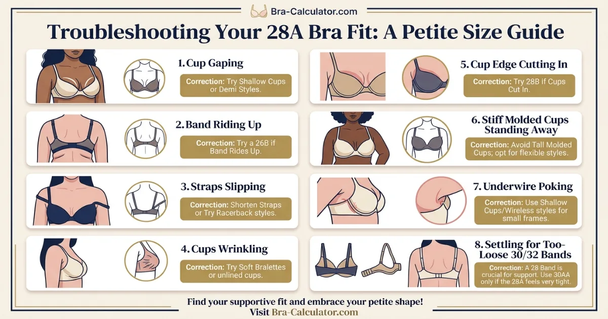 28A sister size and fit problem visual showing 26B 28A 30AA with cup gaping band riding up strap slipping and petite fit corrections