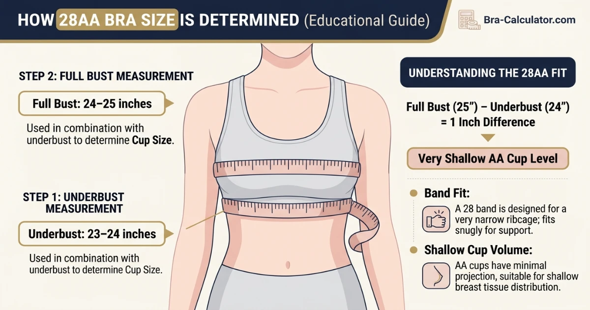 28AA bra size measurement infographic showing 23 to 24 inch underbust and 24 to 25 inch full bust with very shallow AA cup level