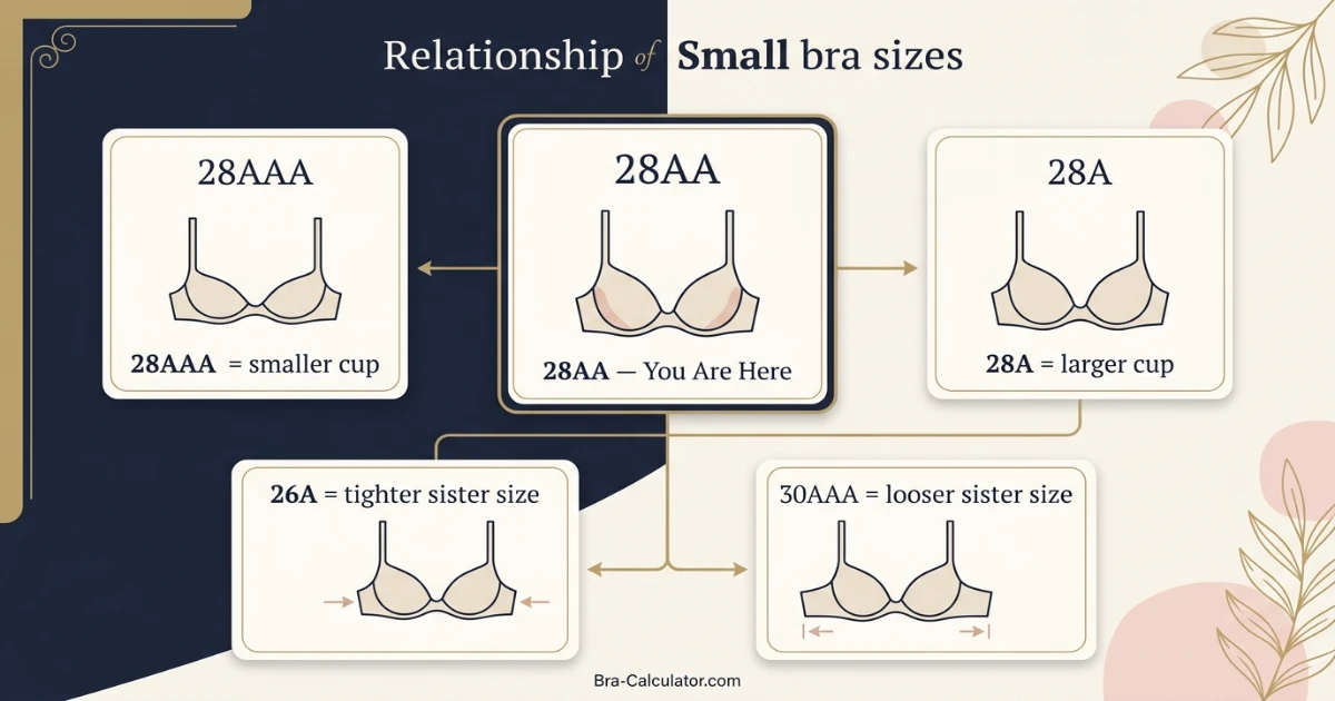28AA bra size visual comparison showing 28AAA 28AA 28A 26A and 30AAA with shallow cup differences and band fit notes