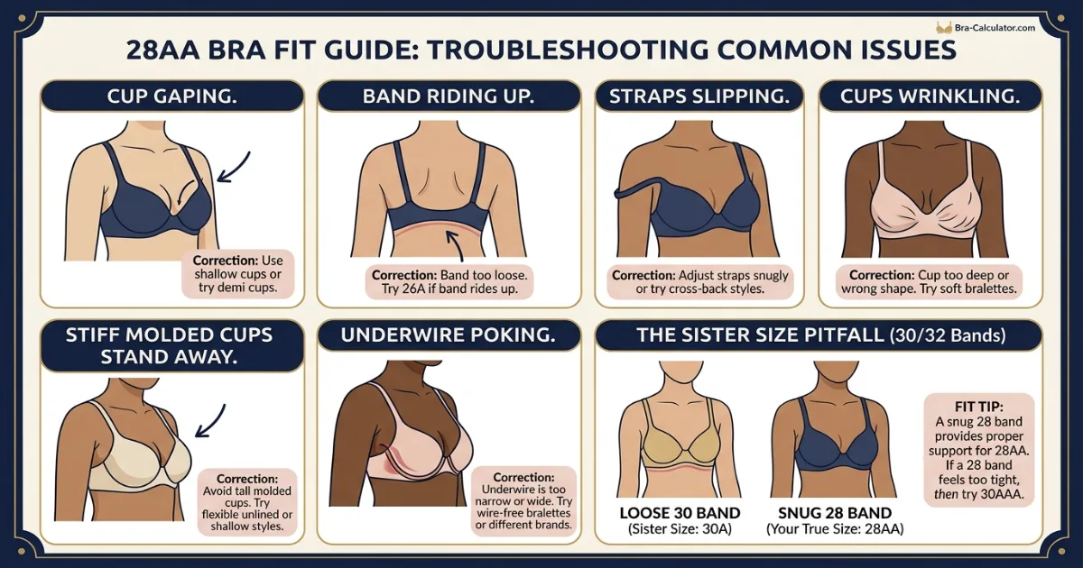 28AA sister size and fit problem visual showing 26A 28AA 30AAA with cup gaping band riding up strap slipping and petite fit corrections