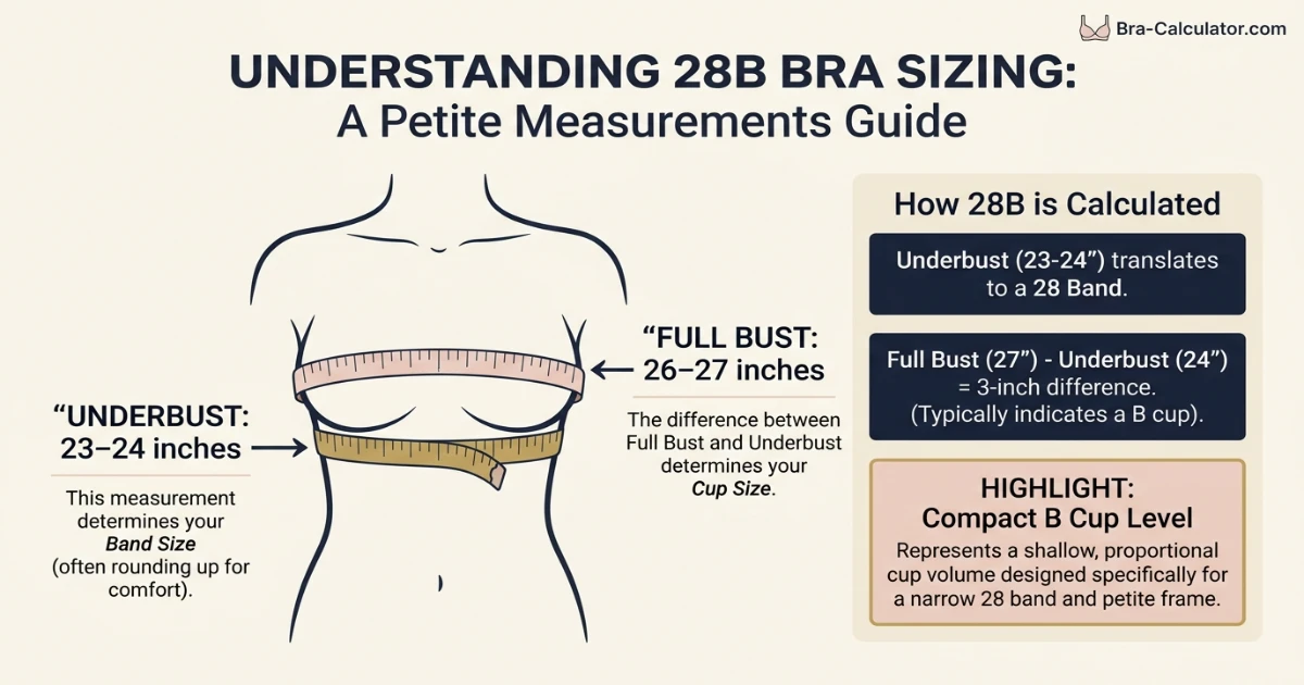 28B bra size measurement infographic showing 23 to 24 inch underbust and 26 to 27 inch full bust with compact B cup level