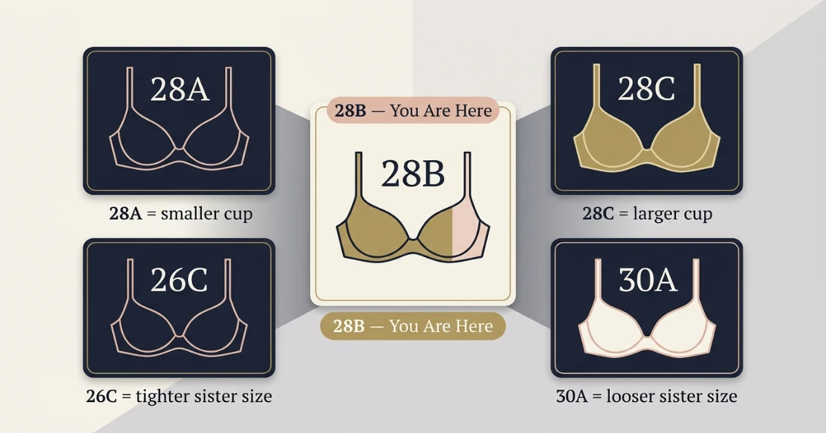 28B bra size visual comparison showing 28A 28B 28C 26C and 30A with cup depth and band fit notes