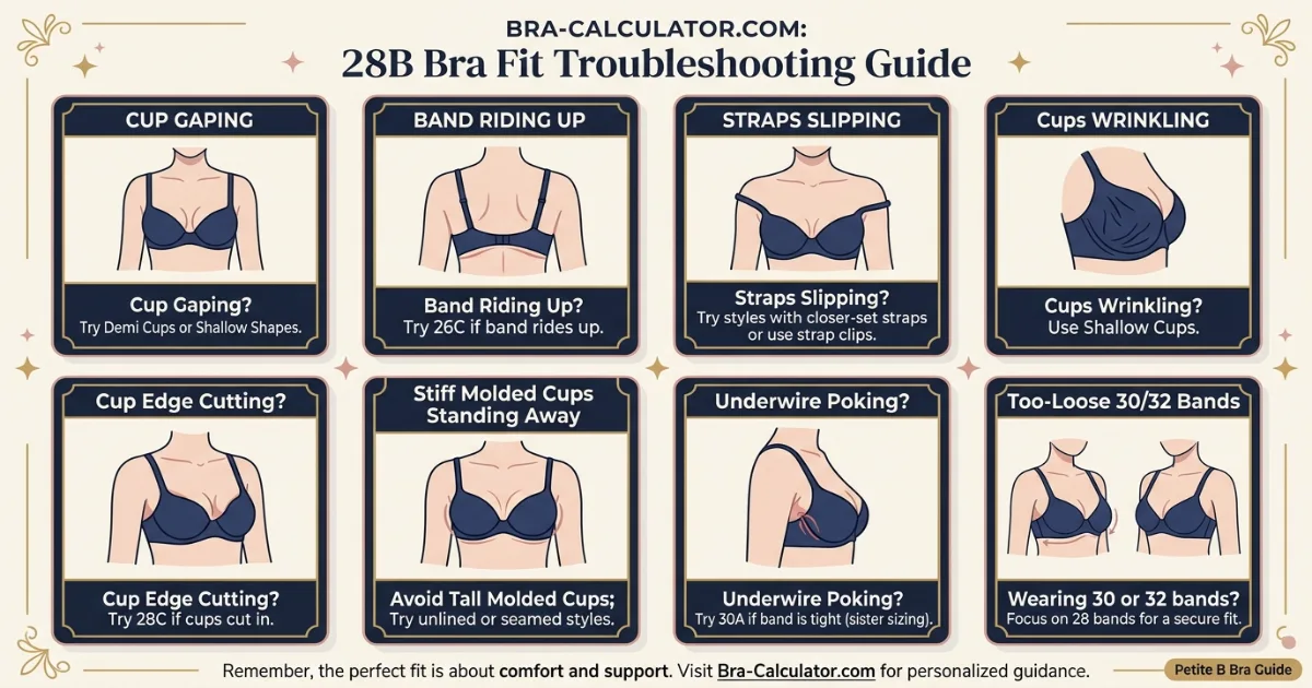 28B sister size and fit problem visual showing 26C 28B 30A with cup gaping band riding up strap slipping and petite fit corrections