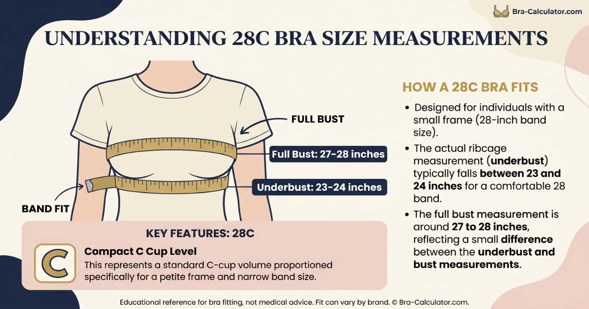 28C bra size measurement infographic showing 23 to 24 inch underbust and 27 to 28 inch full bust with compact C cup level