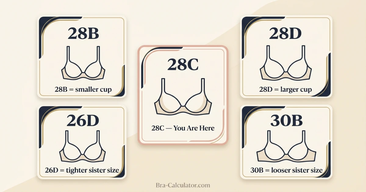 28C bra size visual comparison showing 28B 28C 28D 26D and 30B with cup depth and band fit notes
