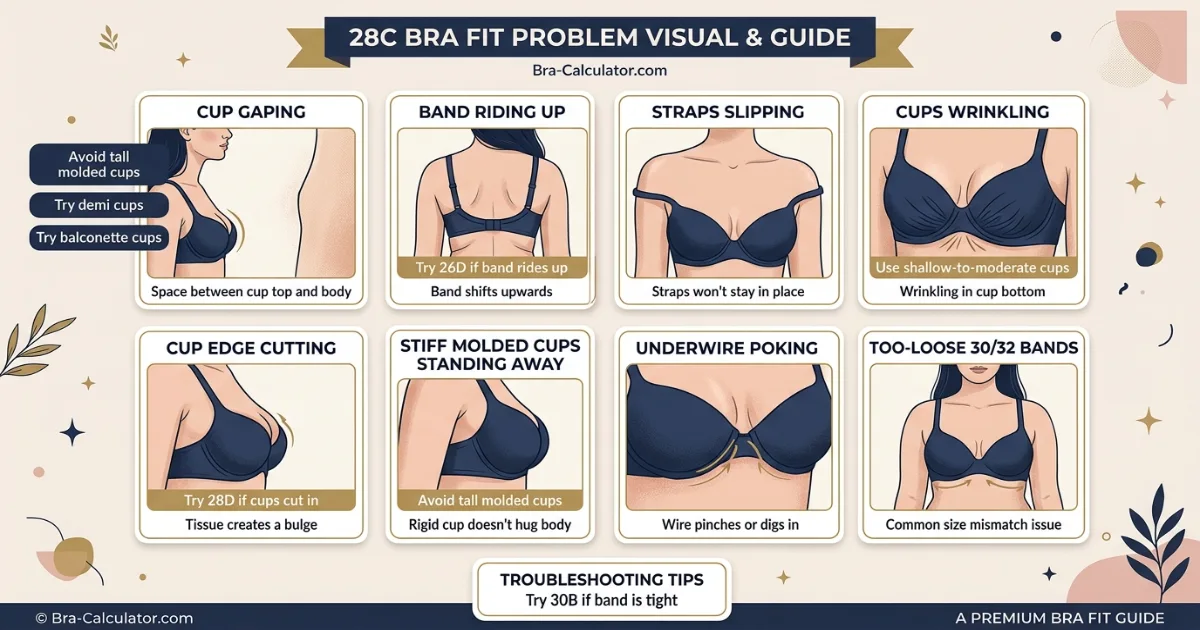 28C sister size and fit problem visual showing 26D 28C 30B with cup gaping band riding up strap slipping and petite fit corrections