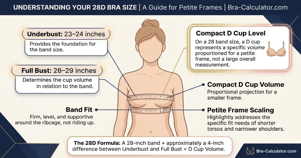 28D bra size measurement infographic showing 23 to 24 inch underbust and 28 to 29 inch full bust with compact D cup level