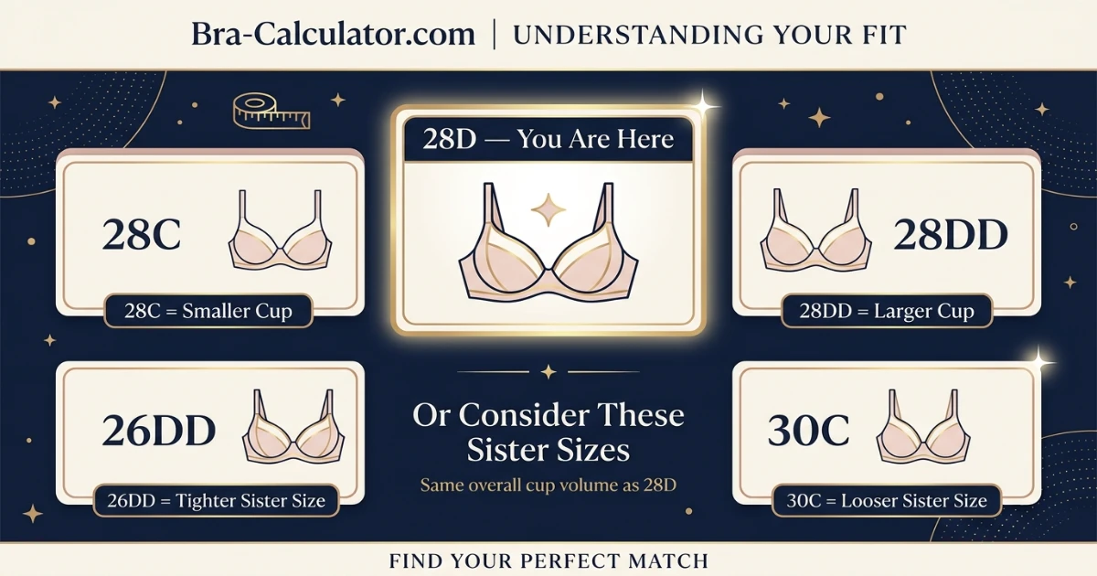 28D bra size visual comparison showing 28C 28D 28DD 26DD and 30C with cup depth and band fit notes