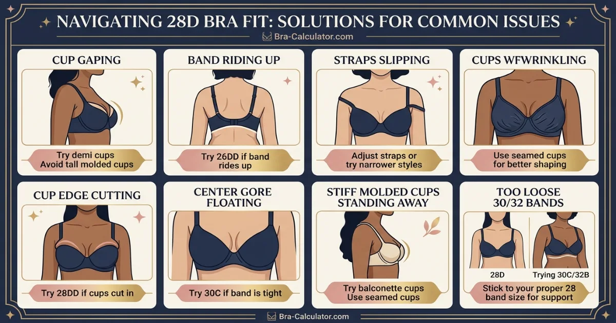 28D sister size and fit problem visual showing 26DD 28D 30C with cup gaping band riding up strap slipping cup cutting and petite fit corrections