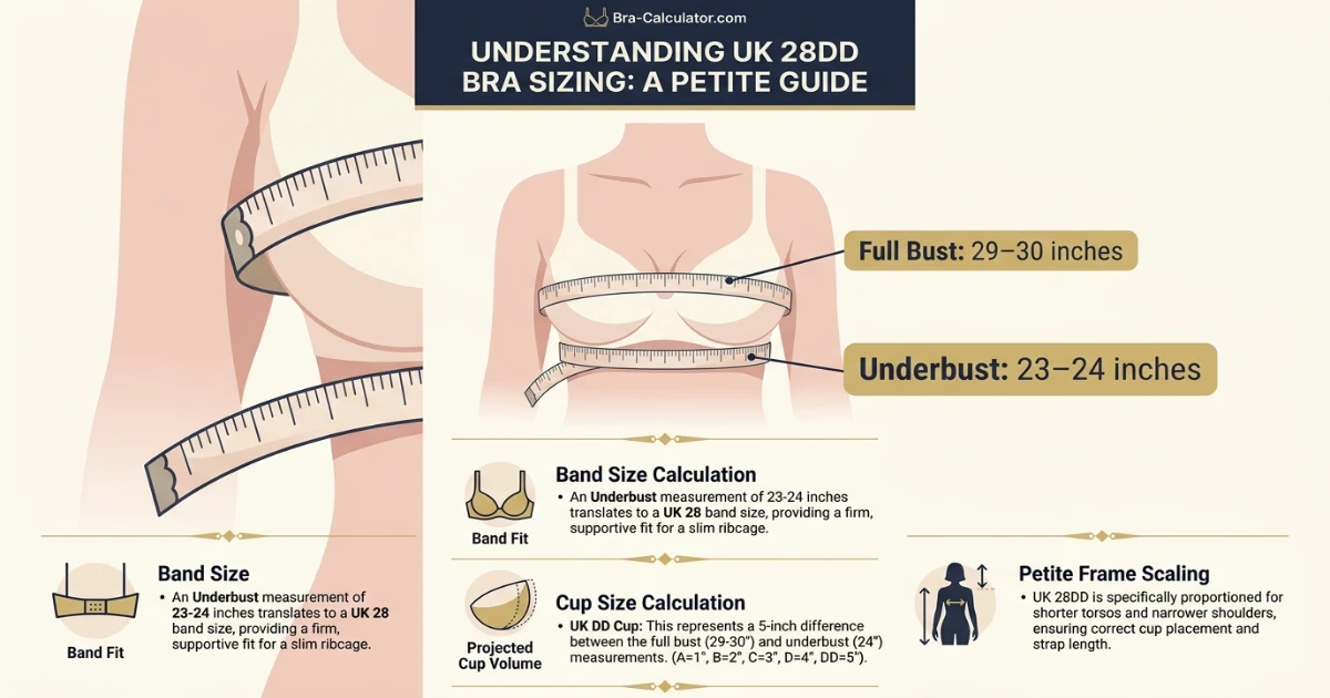 28DD bra size measurement infographic showing 23 to 24 inch underbust and 29 to 30 inch full bust with projected UK DD cup level