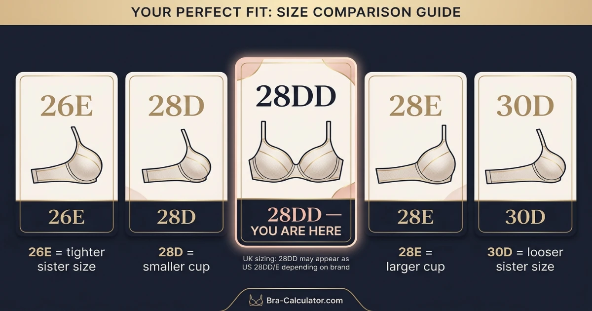 28DD bra size visual comparison showing 28D 28DD 28E 26E and 30D with cup depth and band fit notes