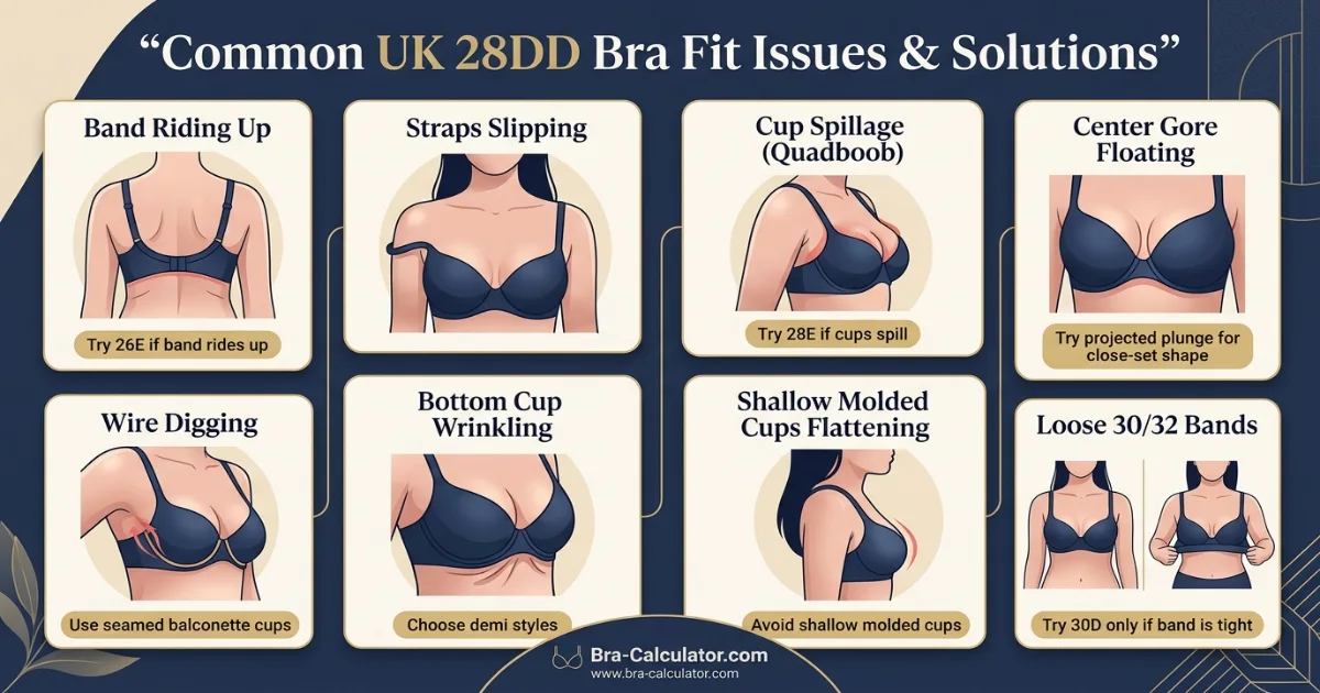28DD sister size and fit problem visual showing 26E 28DD 30D with cup spillage band riding up gore floating and petite fit corrections
