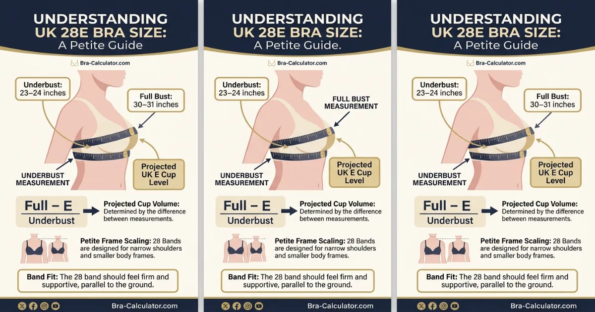 28E bra size measurement infographic showing 23 to 24 inch underbust and 30 to 31 inch full bust with projected UK E cup level