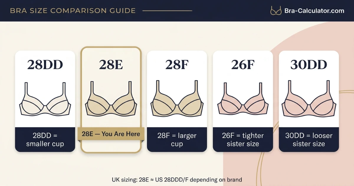 28E bra size visual comparison showing 28DD 28E 28F 26F and 30DD with cup depth and band fit notes