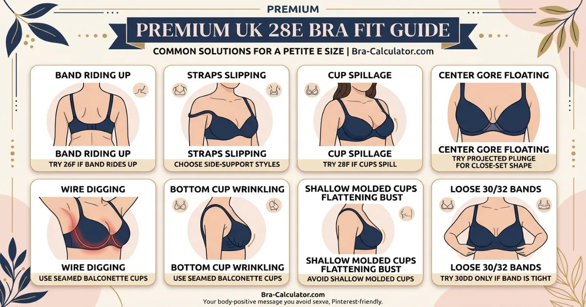 28E sister size and fit problem visual showing 26F 28E 30DD with cup spillage band riding up gore floating and petite fit corrections