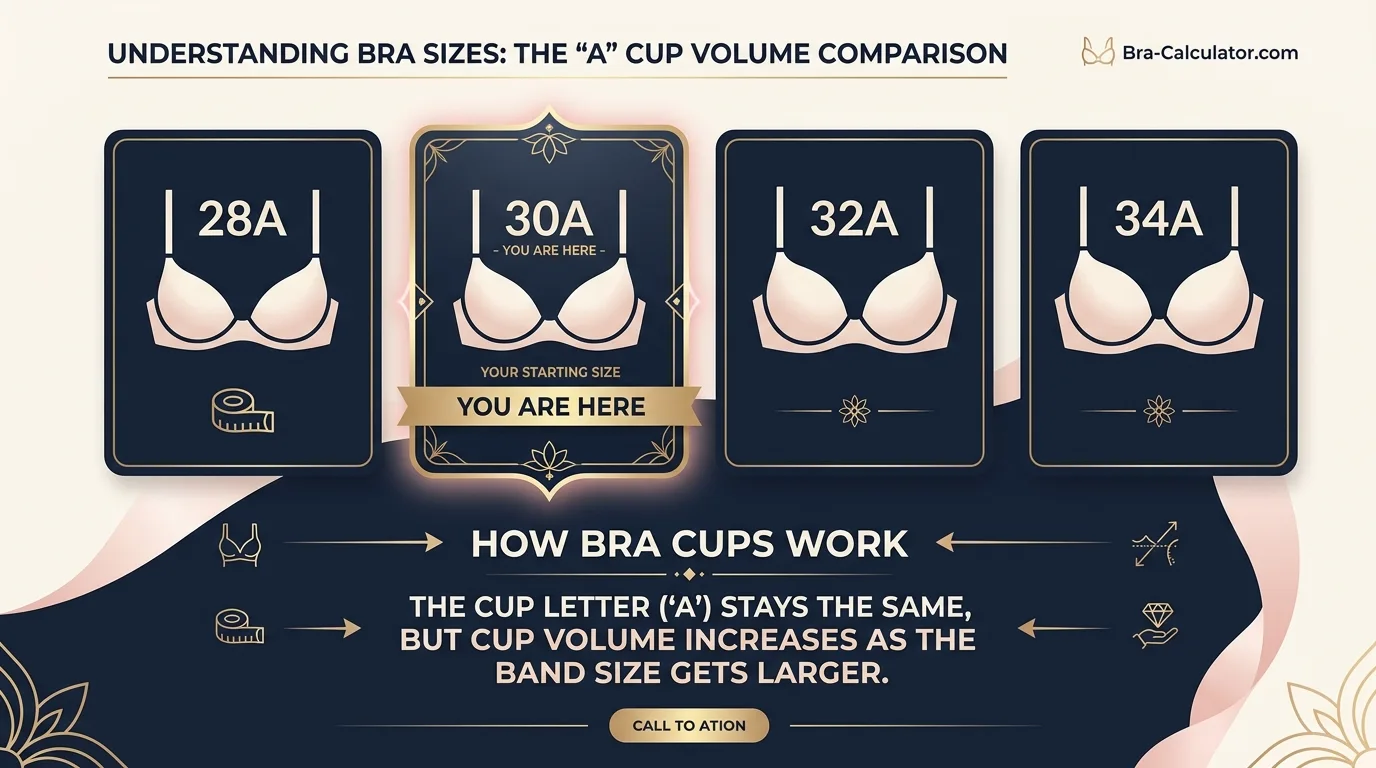 30A bra size visual comparison showing 28B 30A and 32AA sister sizes with same cup volume and different band fit
