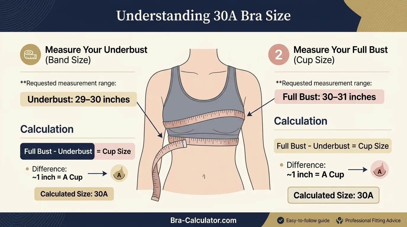 30A bra size measurement infographic showing 29 to 30 inch underbust and 30 to 31 inch full bust with 1 inch cup difference