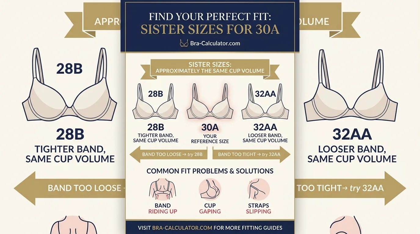 30A sister size and fit problem visual showing 28B 30A and 32AA with band riding up cup gaping and strap slipping fixes